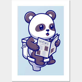 Cute Panda Reading Newspaper On Toilet Cartoon Posters and Art